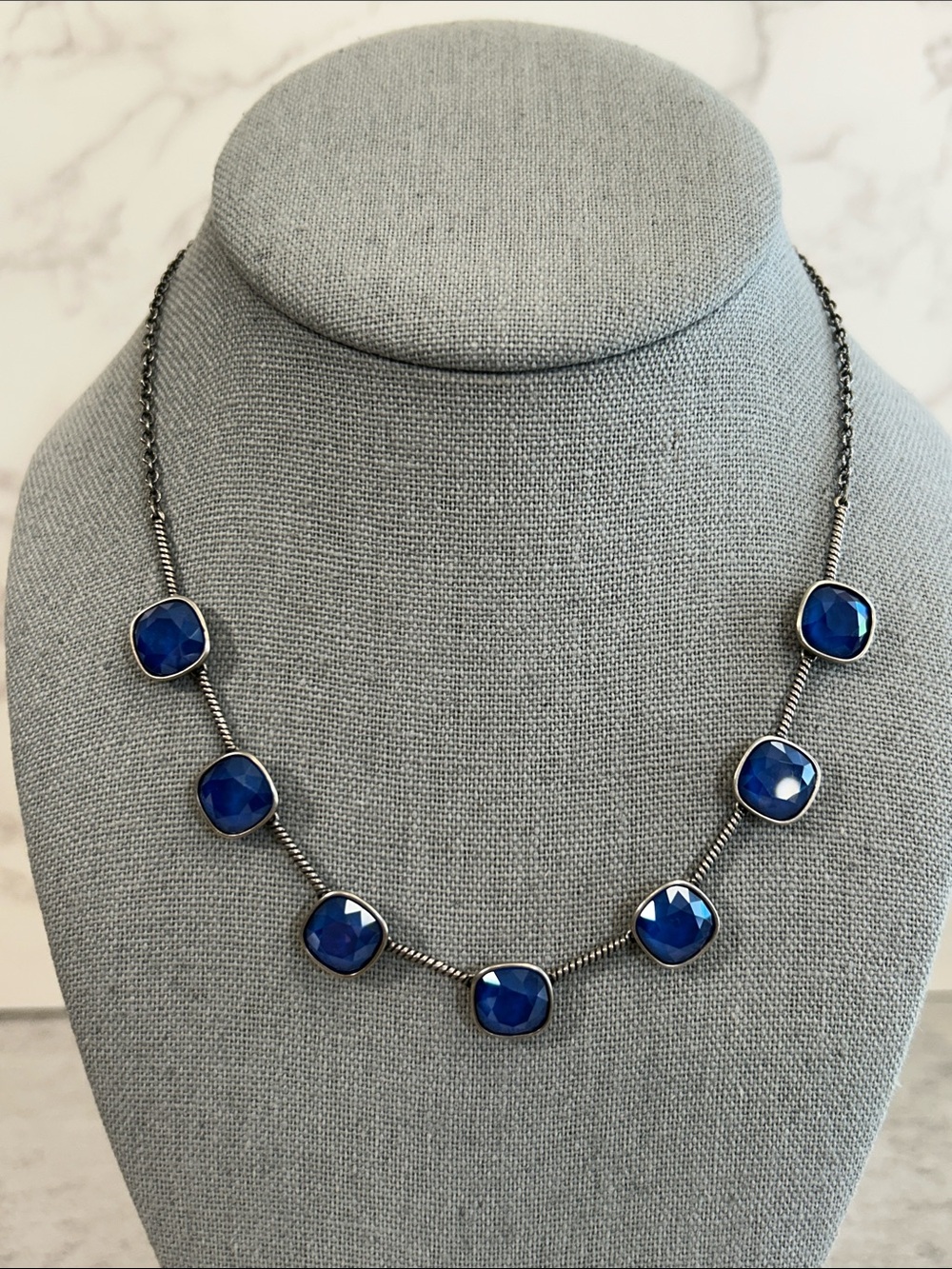 Touchstone Crystal Sapphire Blue Station with Oxidized Silver Plate Necklace